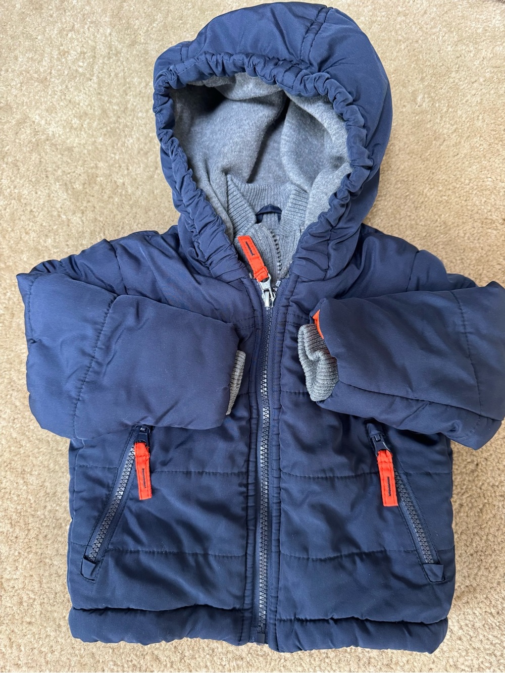 Kids Sz 6/9 Mos Navy Puffer Hooded Jacket with Orange Accents